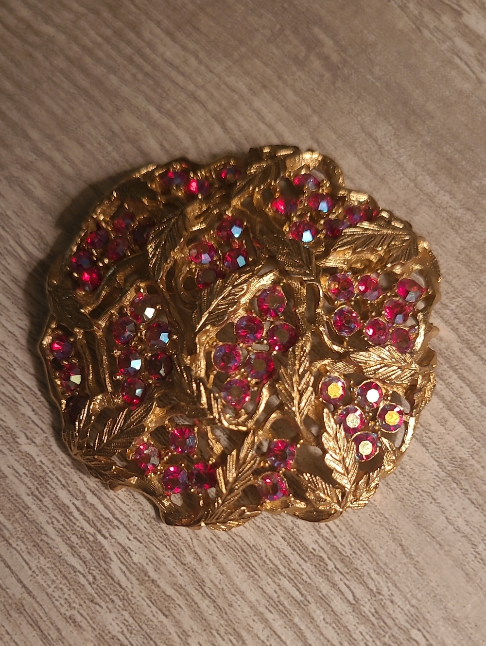 1960's Sarah Coventry Gold-Tone Floral Cluster Brooch with Pink Crystal Accents.